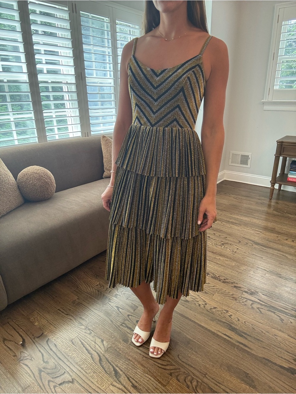 Dress the Population Gold/Silver Metallic and Black Striped Tiered Midi Dress